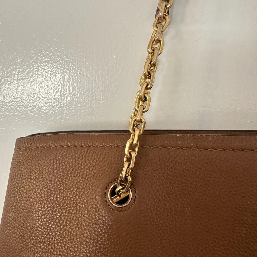Tory Burch Cognac Pebbled Leather Tote with Gold Logo Chain